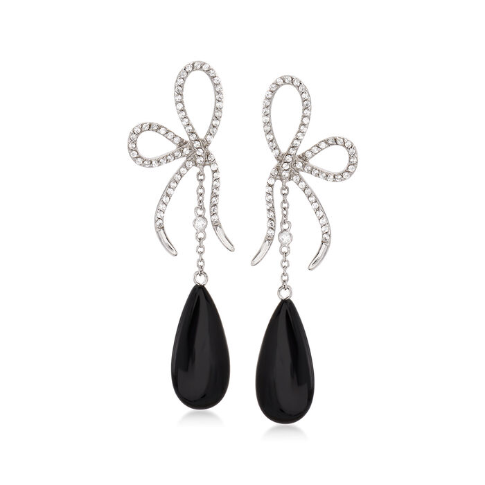 Black Onyx and 1.20 ct. t.w. CZ Bow Drop Earrings in Sterling Silver