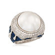 16mm Mabe Cultured Pearl, 1.50 ct. t.w. CZ and 1.28 ct. t.w. Synthetic Blue Spinel Ring in Sterling Silver