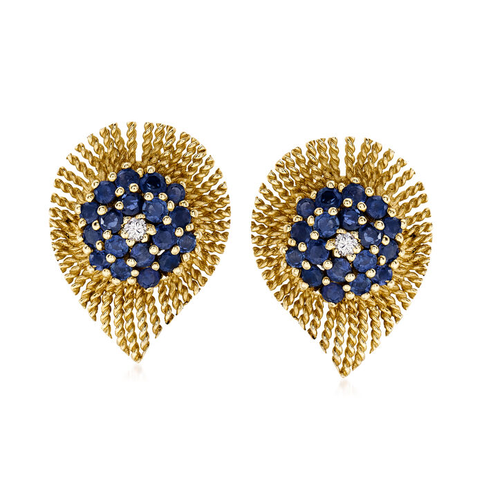C. 1970 Vintage 4.00 ct. t.w. Sapphire and .15 ct. t.w. Diamond Earrings in 14kt Yellow Gold
