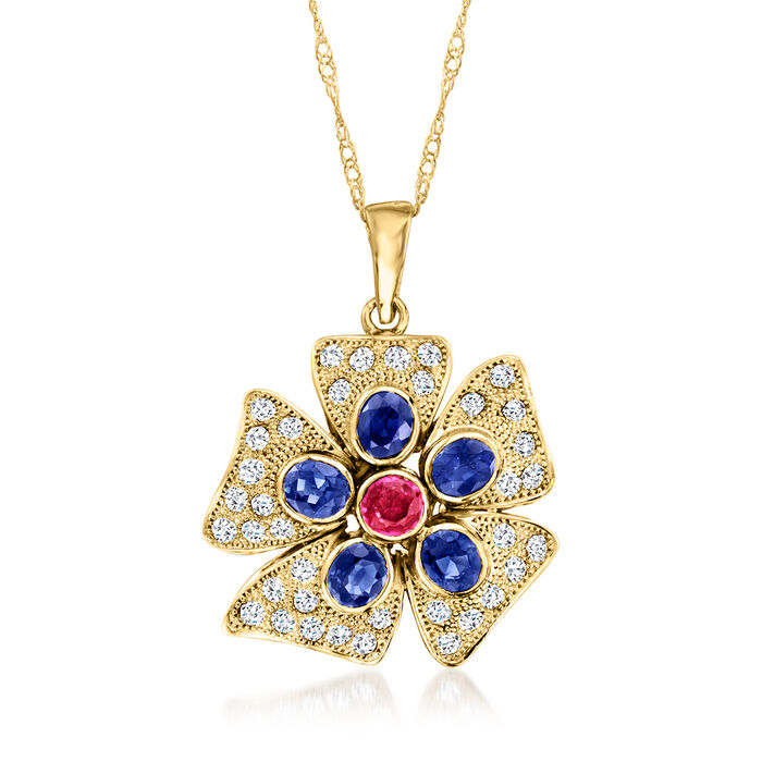 C. 1990 Vintage .17 Carat Ruby and 1.10 ct. t.w. Sapphire Flower Pendant Necklace with .43 ct. t.w. Diamonds in 18kt Yellow Gold