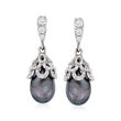 7-7.5mm Black Cultured Pearl and .10 ct. t.w. CZ Drop Earrings in Sterling Silver