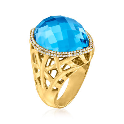 20.00 Carat Swiss Blue Topaz Doublet Ring with .36 ct. t.w. Diamonds in 14kt Yellow Gold