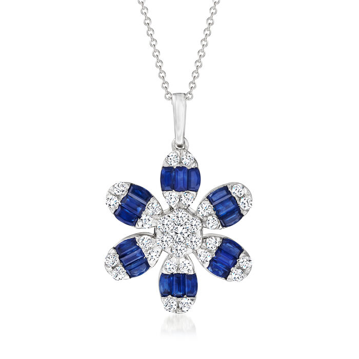 1.90 ct. t.w. Sapphire and 1.05 ct. t.w. Diamond Flower Pendant Necklace in 14kt White Gold
