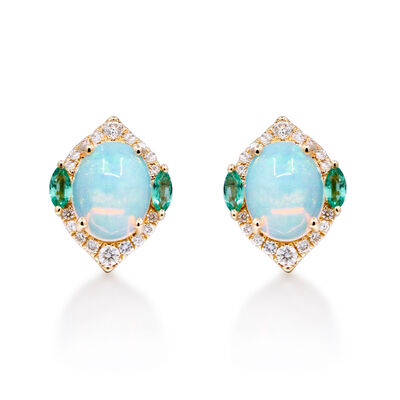 Ethiopian Opal Earrings with .29 ct. t.w. Diamonds and .20 ct. t.w. Emeralds in 14kt Yellow Gold