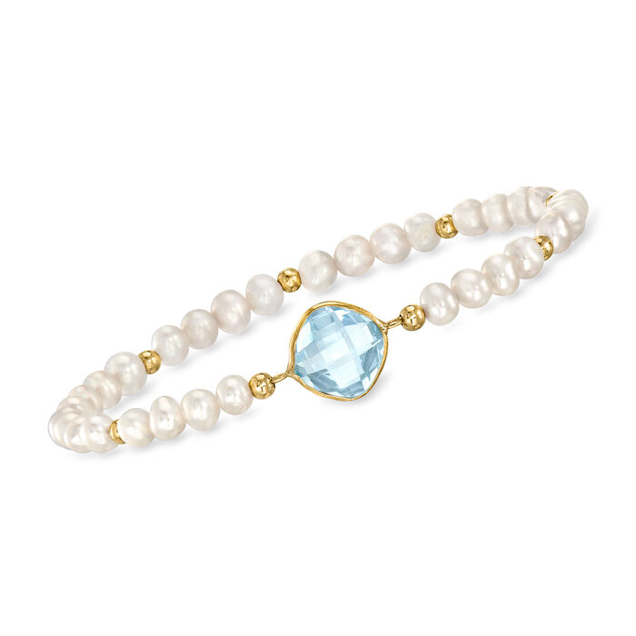 4.60 Carat Sky Blue Topaz and 4-5mm Cultured Pearl Bracelet in 14kt Yellow Gold