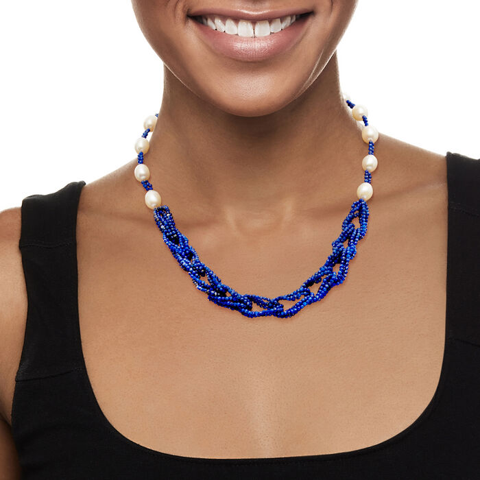 8-8.5mm Cultured Pearl and Lapis Bead Necklace in 18kt Gold Over Sterling 18-inch