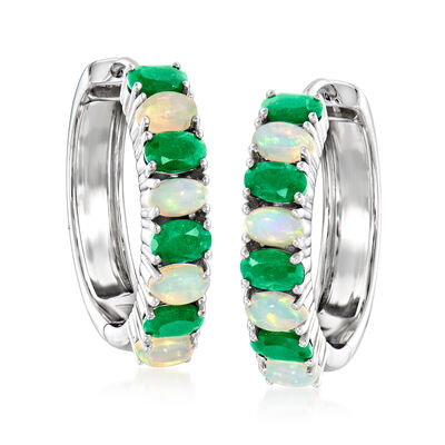 Opal and 1.90 ct. t.w. Emerald Hoop Earrings in Sterling Silver