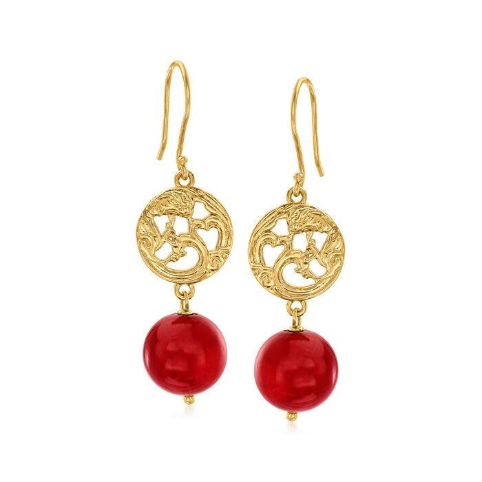 Red Coral Openwork Drop Earrings in 18kt Gold Over Sterling