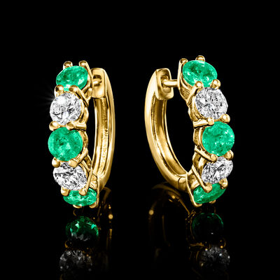 1.50 ct. t.w. Emerald and 1.00 ct. t.w. Lab-Grown Diamond Hoop Earrings in 14kt Yellow Gold