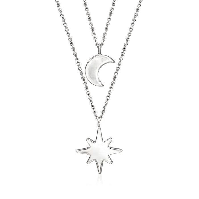Italian Sterling Silver Moon and Star Two-Strand  Necklace