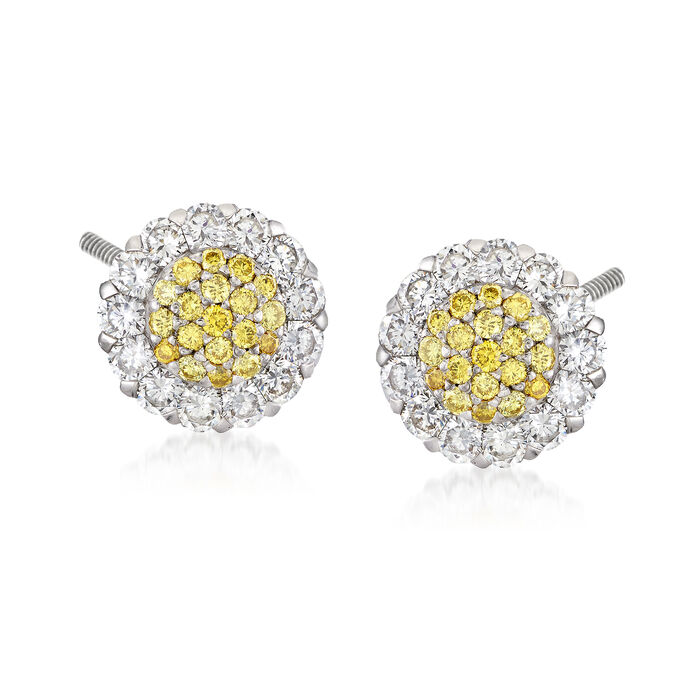 C. 1990 Vintage .66 ct. t.w. White and Yellow Diamond Cluster Earrings in 18kt White Gold