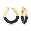 Italian Black Enamel and 18kt Gold Over Sterling Hoop Earrings