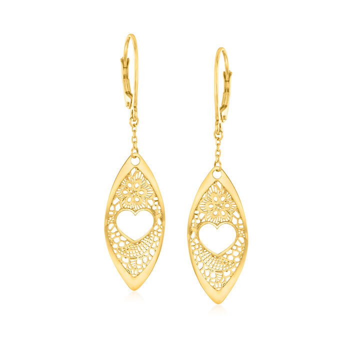 Italian 14kt Yellow Gold Heart Lace Marquise-Shaped Drop Earrings