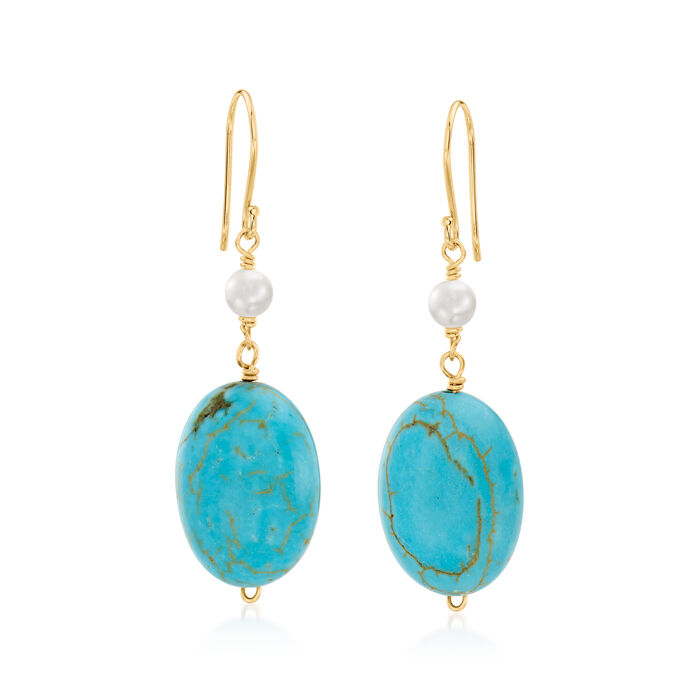 3.5-4mm Cultured Pearl and Turquoise Drop Earrings in 14kt Yellow Gold
