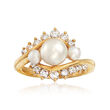 C. 1980 Vintage 3.5-6.5mm Cultured Pearl and .45 ct. t.w. Diamond Ring in 18kt Yellow Gold