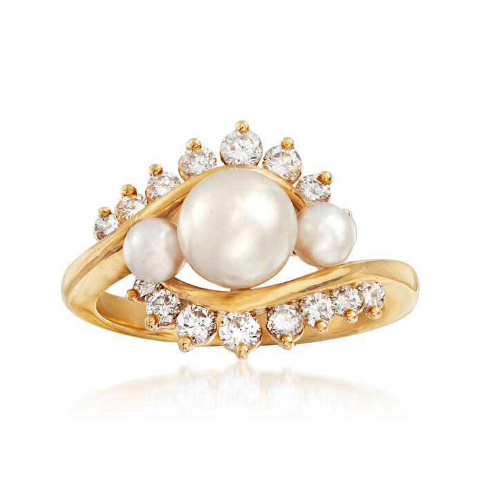 C. 1980 Vintage 3.5-6.5mm Cultured Pearl and .45 ct. t.w. Diamond Ring in 18kt Yellow Gold