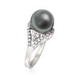 11mm Black Cultured Tahitian Pearl and .59 ct. t.w. Diamond Ring in 14kt White Gold