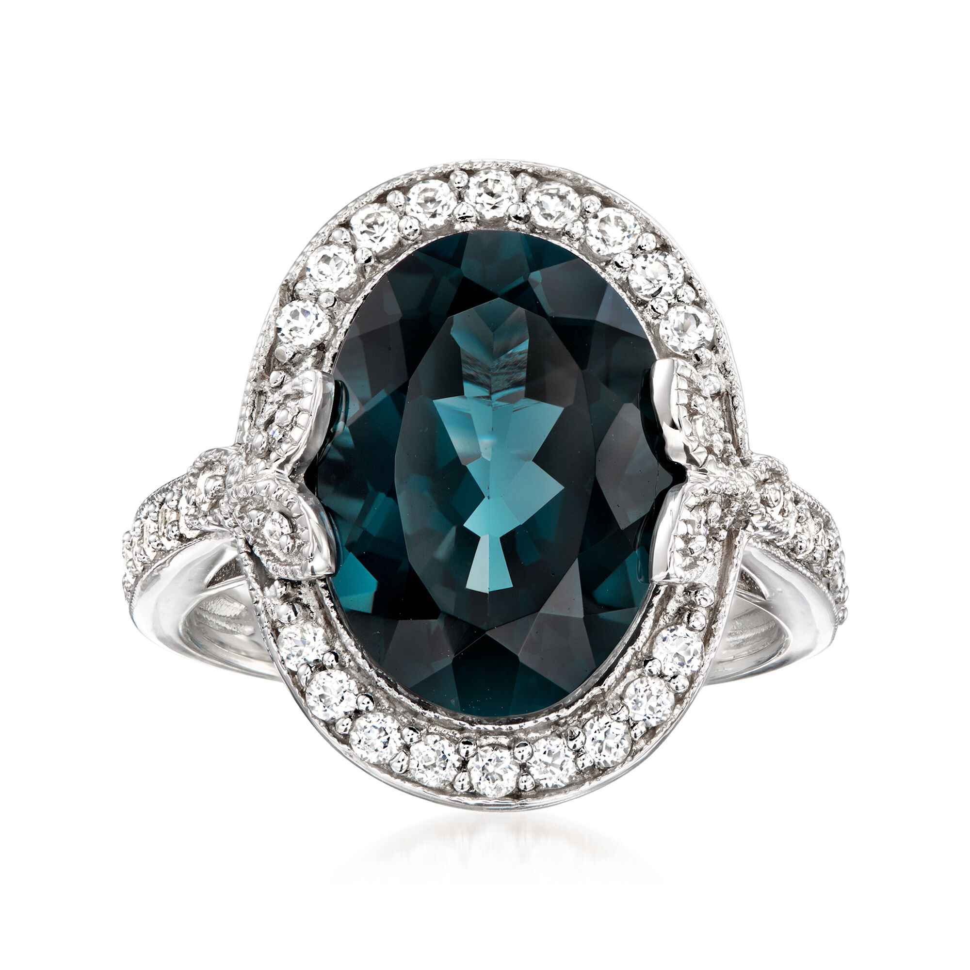 WOMENS PLATINUM OVER STERLING SILVER OVAL CUT BLUE TOPAZ DIAMOND ACCENT RING