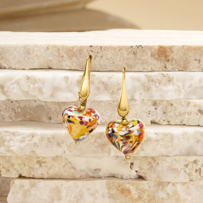 Italian Multicolored Murano Glass Heart Drop Earrings in 18kt Gold Over Sterling