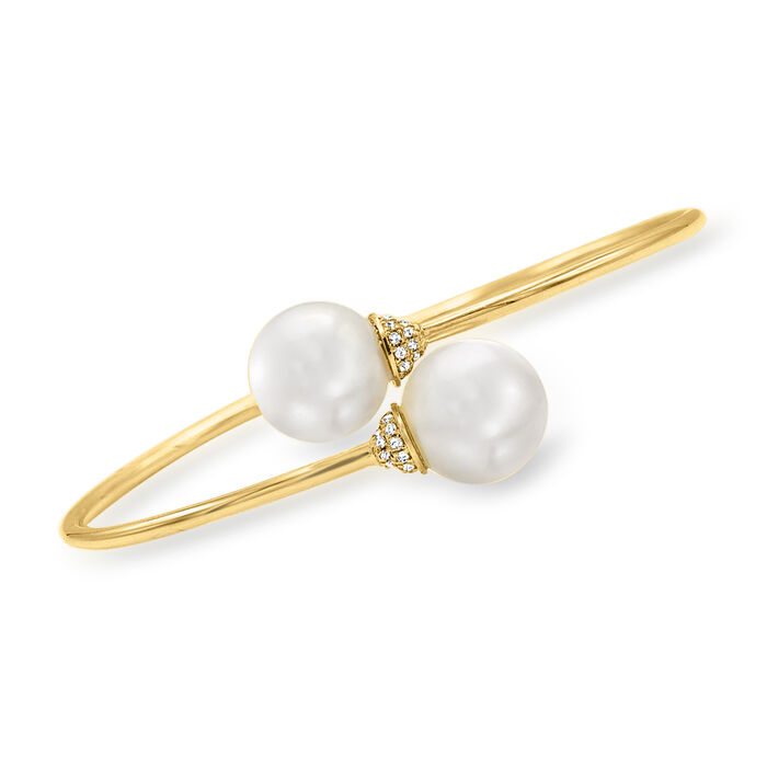 11-12mm Cultured South Sea Pearl and .20 ct. t.w. Diamond Bypass Cuff Bracelet in 18kt Yellow Gold
