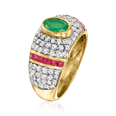 .80 Carat Emerald and .30 ct. t.w. Ruby Ring with 1.40 ct. t.w. White Zircon in 18kt Gold Over Sterling
