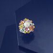 8.5-9mm Cultured Pearl Flower Ring with Diamond Accents and Multicolored Enamel in Sterling Silver