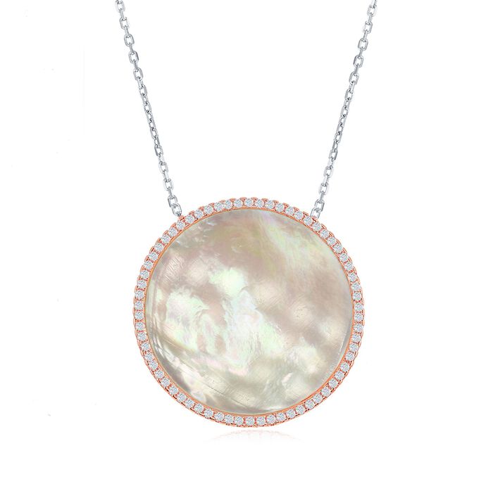 Mother-Of-Pearl and .50 ct. t.w. CZ Circle Necklace in Two-Tone Sterling Silver