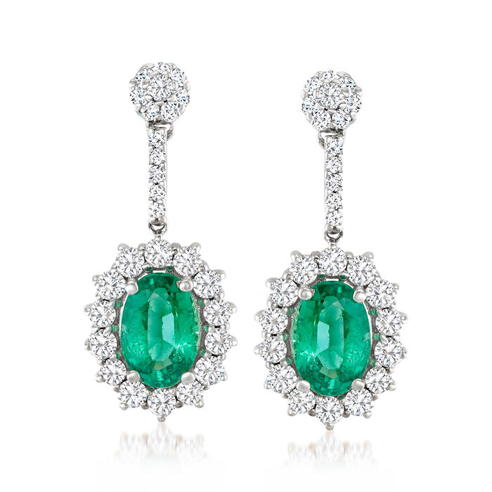 1.60 ct. t.w. Emerald and .75 ct. t.w. Diamond Drop Earrings in 14kt White Gold