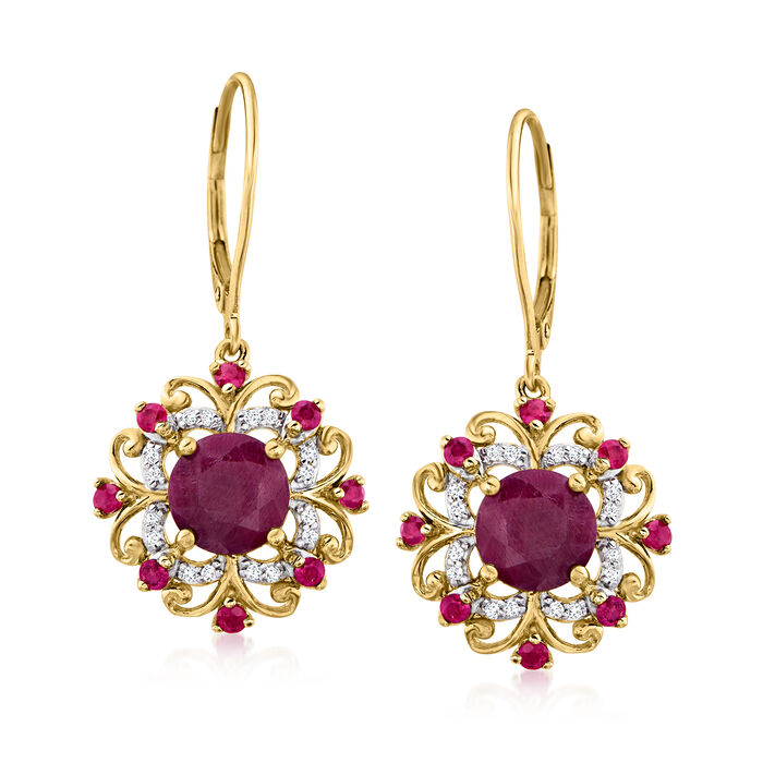 4.30 ct. t.w. Ruby and .12 ct. t.w. Diamond Drop Earrings in 14kt Yellow Gold