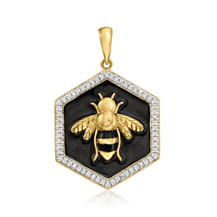 .15 ct. t.w. Diamond and Black Enamel Bumblebee Hexagonal Pendant in 18kt Gold Over Sterling