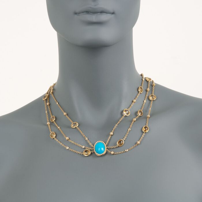 Italian Turquoise and 31.39 ct. t.w. Citrine Chain Necklace with Diamonds in 18kt Yellow Gold 16-inch