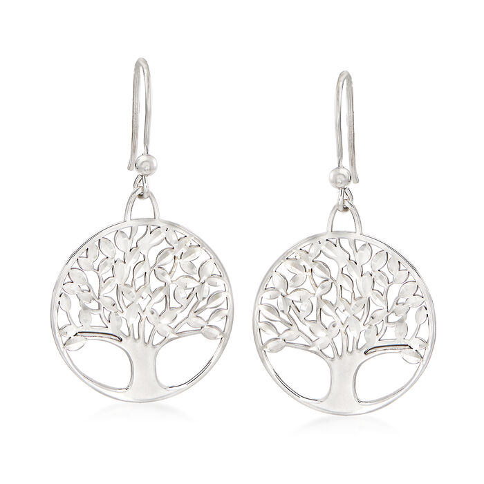 Italian Sterling Silver Diamond-Cut and Polished Tree of Life Drop Earrings