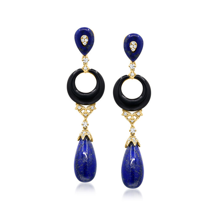 Lapis and Onyx Drop Earrings with .50 ct. t.w. Diamonds in 14kt Yellow Gold
