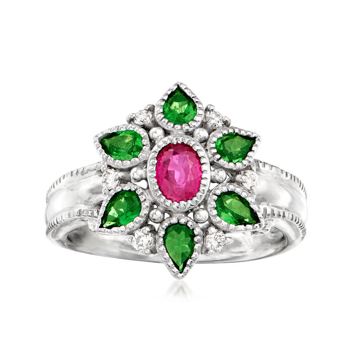 C. 1990 Vintage .43 Carat Ruby and .85 ct. t.w. Tsavorite Flower Ring with .12 ct. t.w. Diamonds in 18kt White Gold