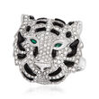 Black Onyx and .85 ct. t.w. Diamond Tiger Ring with Emerald Accents in 18kt White Gold