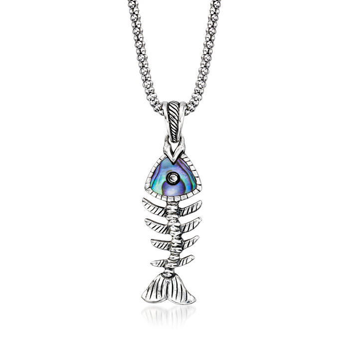 Abalone Shell Bali-Style Fish Bone Pendant Necklace in Sterling Silver