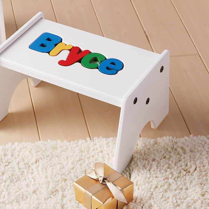 Child's Personalized Name White Puzzle Stool - Primary Colors