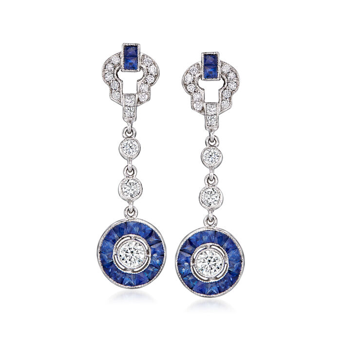 C. 1990 Vintage 1.60 ct. t.w. Sapphire and 1.26 ct. t.w. Diamond Drop Earrings in 18kt White Gold