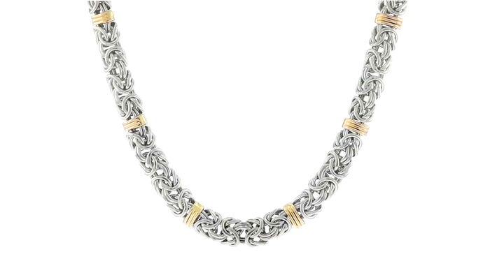 Sterling Silver and 14kt Yellow Gold Byzantine Station Necklace