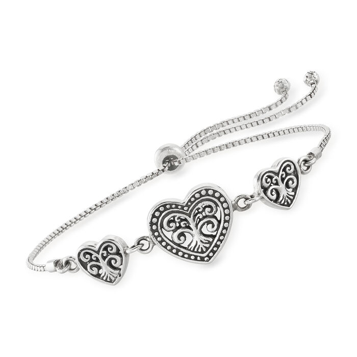 Sterling Silver Bali-Style Heart Bolo Bracelet
