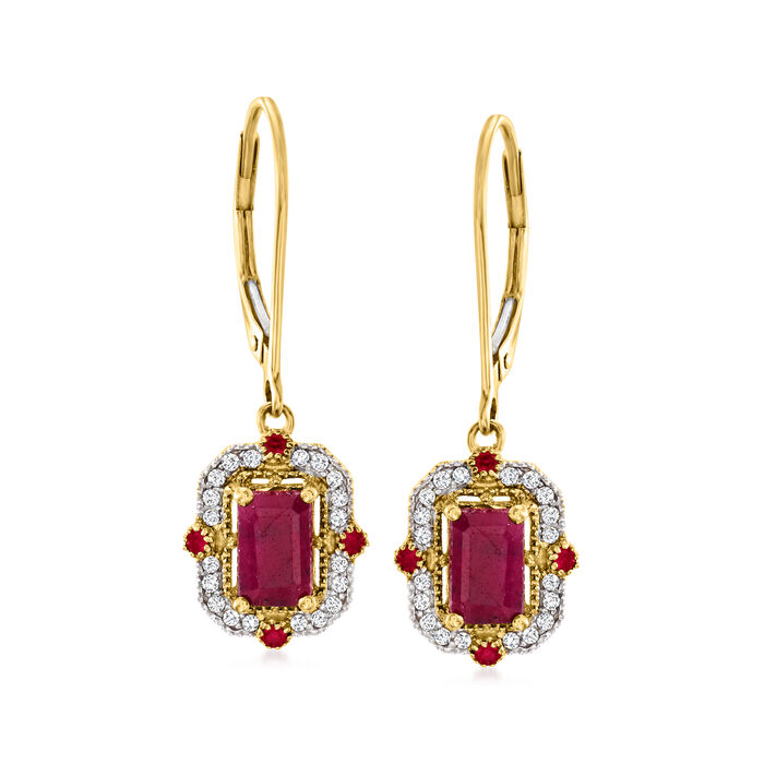 1.89 ct. t.w. Ruby and .14 ct. t.w. Diamond Drop Earrings in 14kt Yellow Gold