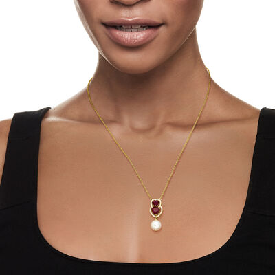9.5-10mm Cultured Pearl and 2.60 ct. t.w. Ruby Heart Necklace with .20 ct. t.w. White Topaz in 18kt Gold Over Sterling
