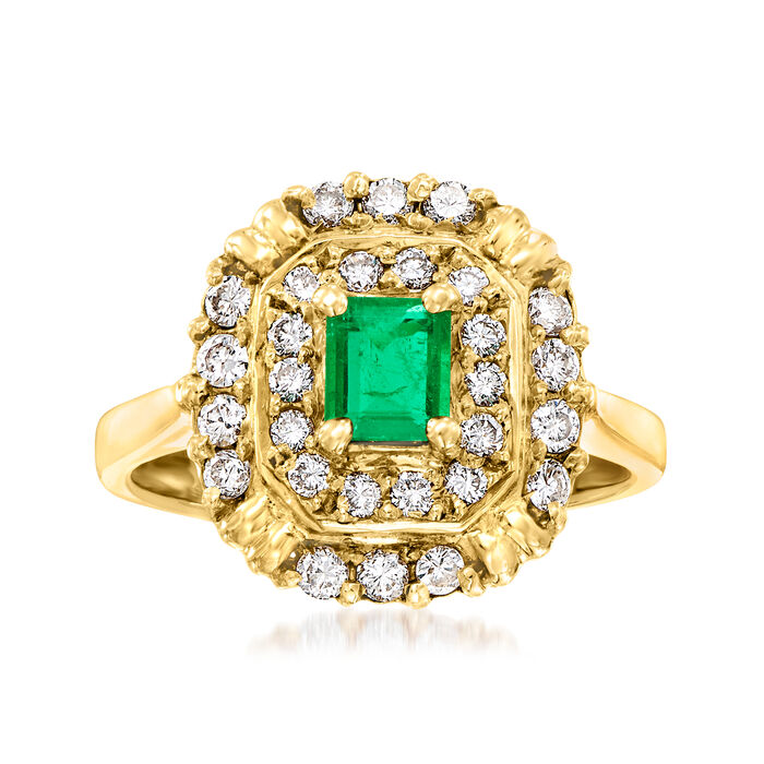 C. 1980 Vintage .45 Carat Emerald and .53 ct. t.w. Diamond Cocktail Ring in 18kt Yellow Gold