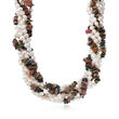220.00 ct. t.w. Multicolored Tourmaline and 5-6mm Cultured Pearl Torsade Necklace in Sterling Silver