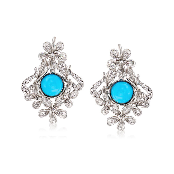 Italian Turquoise and .20 ct. t.w. CZ Flower Drop Earrings in Sterling Silver