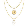 18kt Gold Over Sterling Layered Initial Necklace with 11-12mm Cultured Baroque Pearl and Diamond Accents 18-inch  (B)
