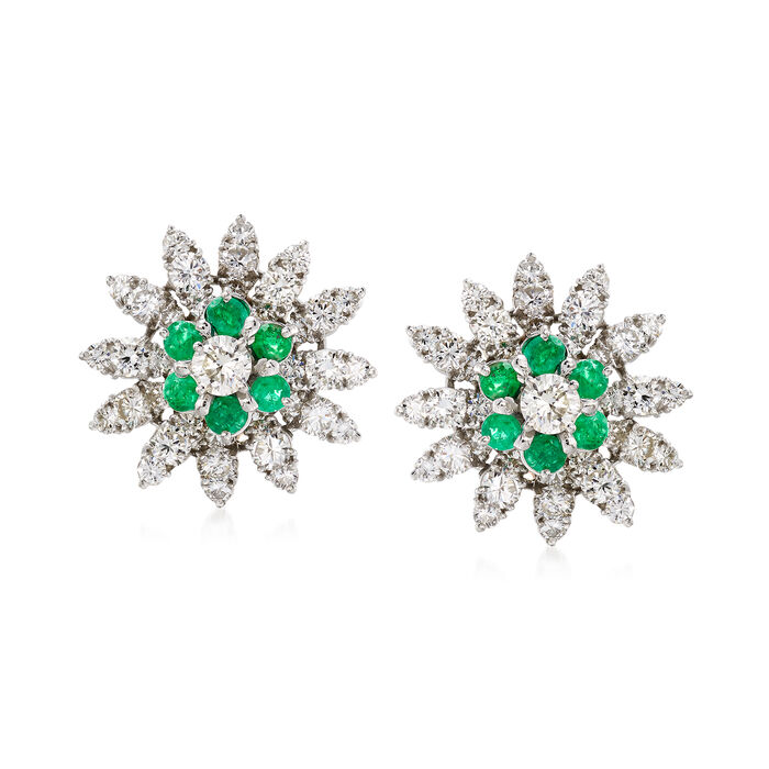 C. 1970 Vintage 5.50 ct. t.w. Diamond and 1.50 ct. t.w. Emerald Floral Earrings in 14kt White Gold