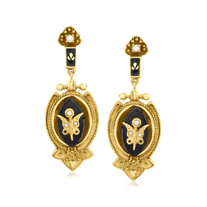 C. 1950 Vintage Black Onyx and Seed Pearl Butterfly Drop Earrings in 14kt Yellow Gold