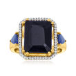 7.75 ct. t.w. Sapphire Three-Stone Ring with .14 ct. t.w. Diamonds in 18kt Gold Over Sterling