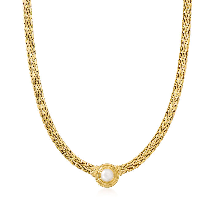 8mm Cultured Pearl Flat Wheat-Chain Necklace in 18kt Gold Over Sterling